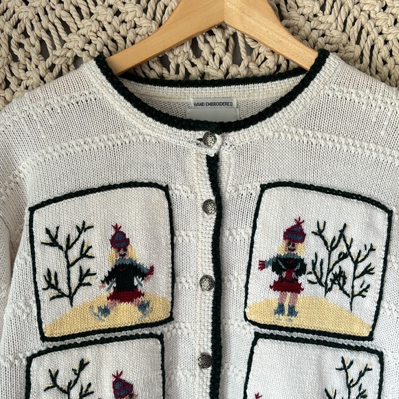 Christopher & Banks Hand Embroidered Winter Ice Skater Cardigan Sweater - Picture 2 of 5